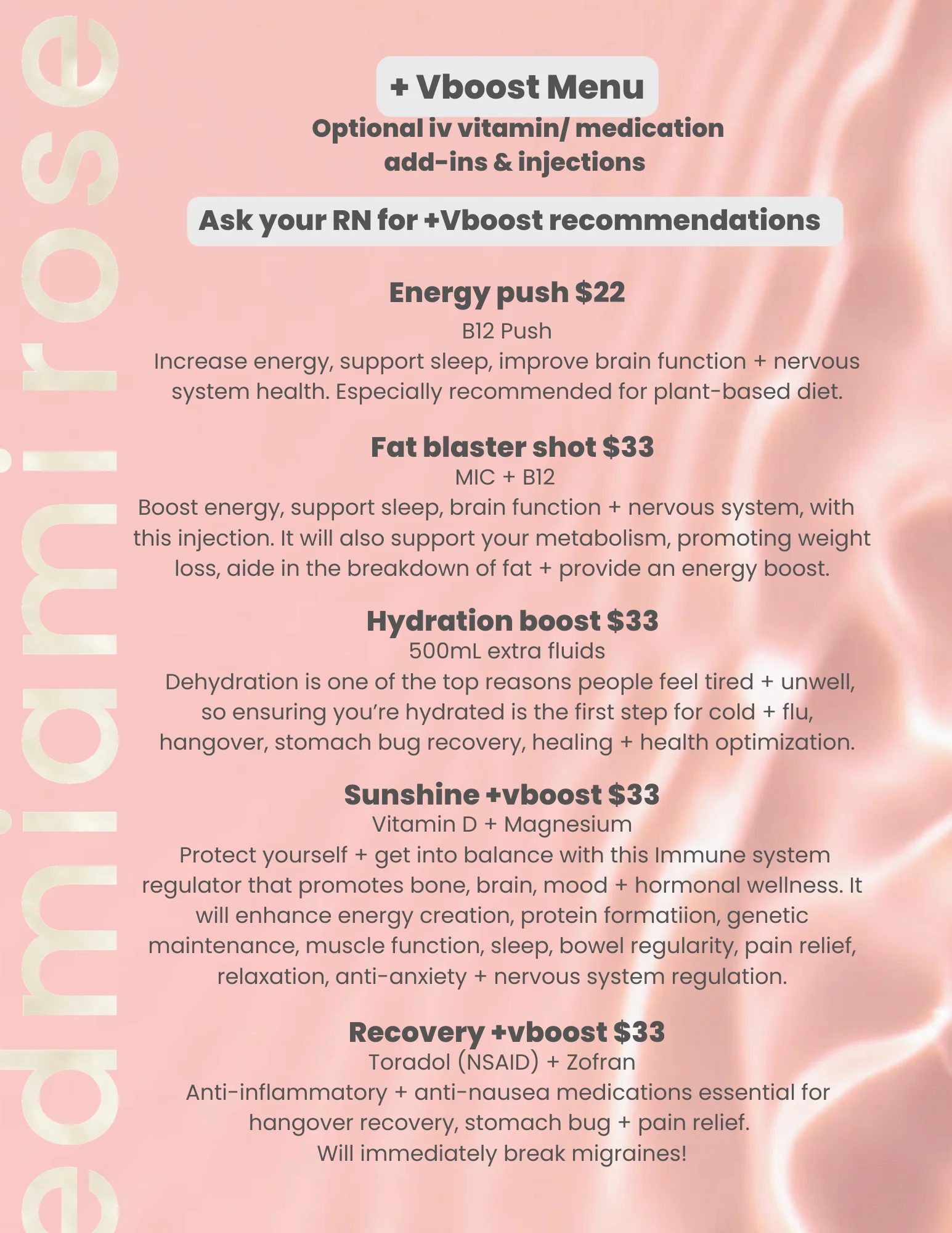 Vboost five Menu | Rose Med Miami in FL